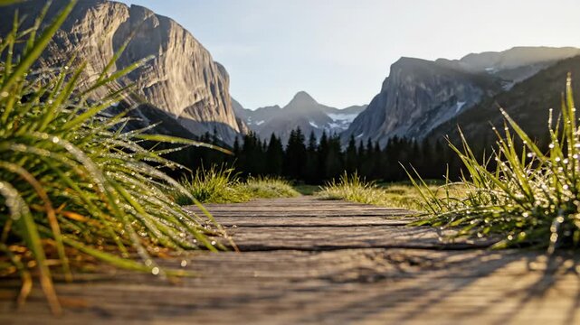 Morning dew on green grass and wooden path with distant mountain landscape at sunrise