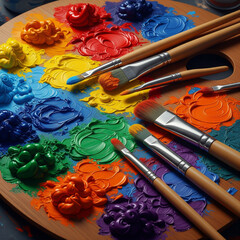 Fototapeta premium Painting palette with vibrant colors and brushes. 