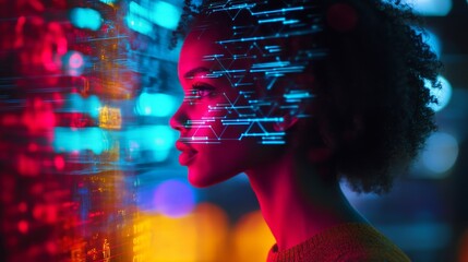 A profile of a woman illuminated by vibrant colors. Digital elements surround her, showcasing the connection between human emotion and technology. Generative AI.