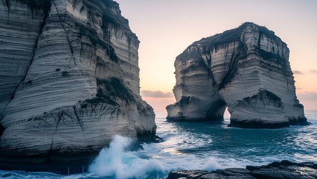 Iconic Raouché Rocks at Dawn, Beirut - Powered by Adobe