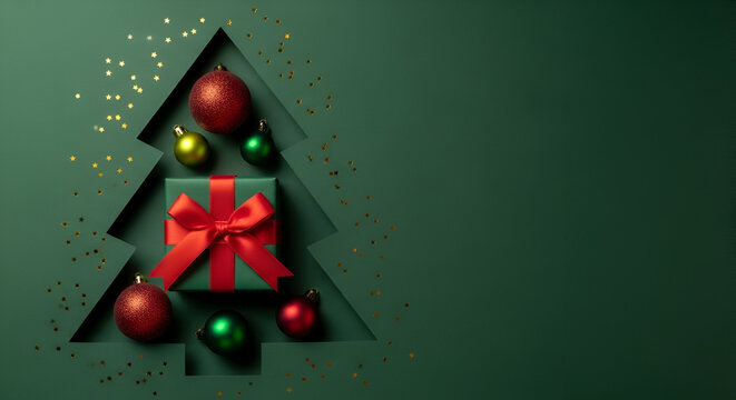 Christmas Tree Shape with Gift and Ornaments cut-out