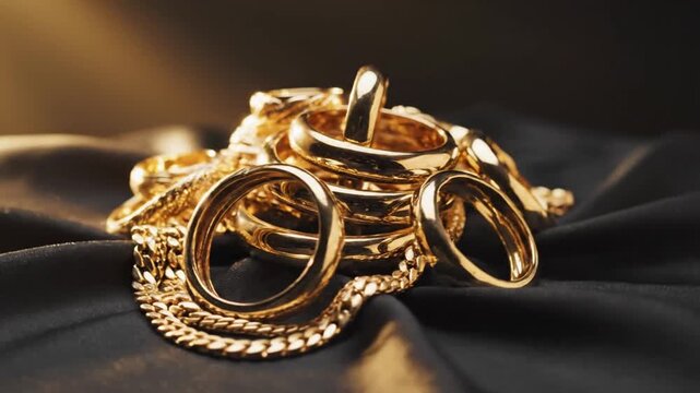 Pile of gold jewelry including rings and a chain on black fabric.