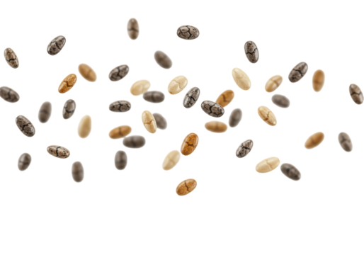 Dynamically scattered chia seeds in diverse colors (dark grey, black, brown, off-white), detailed texture, floating on a transparent background, copy space, concept of healthy eating and superfoods