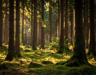 Fototapeta premium Sunlit woodland scene with tall trees, lush undergrowth, and soft, dappled light