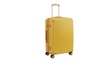 Stylish yellow suitcase with extendable handle and wheels perfect for travel and vacations for product photography on transparent background