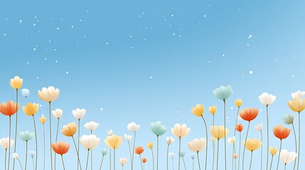 Whimsical Pastel Flowers Under a Serene Blue Sky