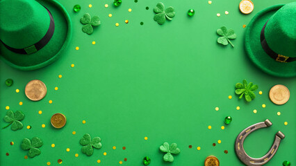 Festive St. Patrick's Day decorations with green hats, shamrocks, and gold coins on a vibrant background