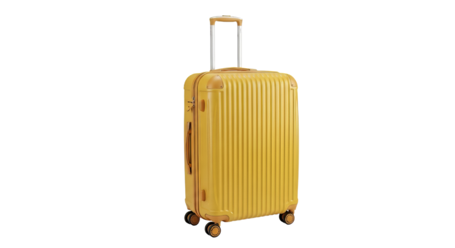 Stylish yellow suitcase with extendable handle and wheels perfect for travel and vacations for product photography on transparent background - Powered by Adobe