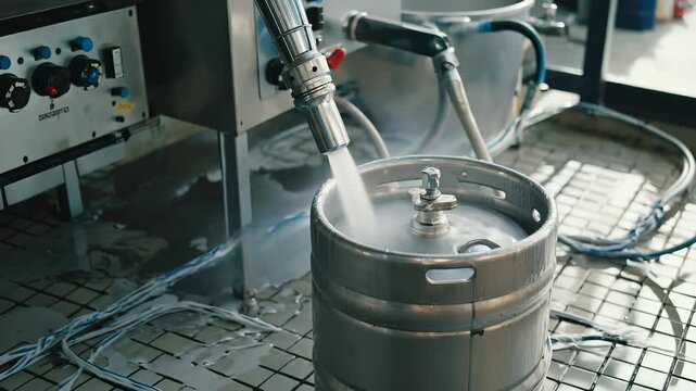 A metal beer keg is connected to a cleaning station where jets of hot water spray inside the drum. The area features tiled floors, hoses, and dripping metal racks, ensuring proper sanitation
