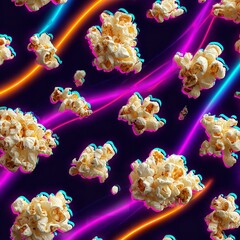 Popcorn floating in space with neon lights, a fun and playful background