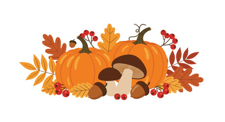 Illustration of autumn bounty with pumpkins, mushrooms, acorns, berries and colorful fall leaves.