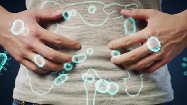 Digital Animation of Human Gut Microbiome with Intestines and Microorganisms for Digestive Health and Probiotic Concepts