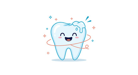 A cheerful cartoon tooth with cleaning foam, sparkles, and a toothbrushing swirl, promoting dental hygiene and health practices.