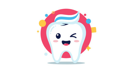 Cute cartoon tooth with toothpaste on top winking its eye, isolated against a pink circle surrounded by yellow and blue dots and yellow stars.