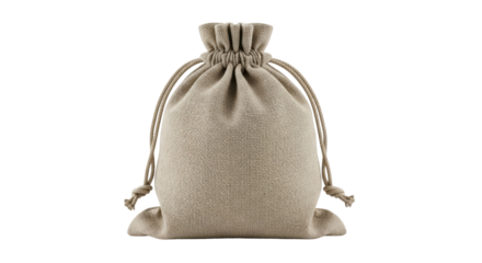 Beige burlap drawstring bag PNG isolated on transparent background, small sack for gift packaging and storage, rustic style