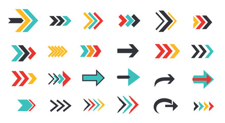 A vibrant collection of diverse flat design arrows in various colors and styles, suitable for user interfaces and graphic projects.