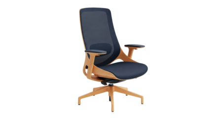 Ergonomic office chair PNG isolated on transparent background, modern wooden frame desk chair for home office and workplace comfort