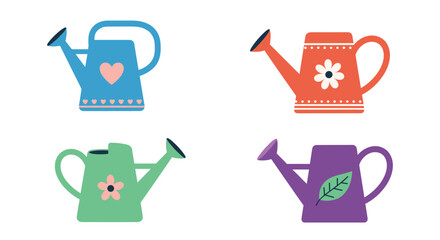 Four colorful cartoon watering cans decorated with simple floral and heart designs.