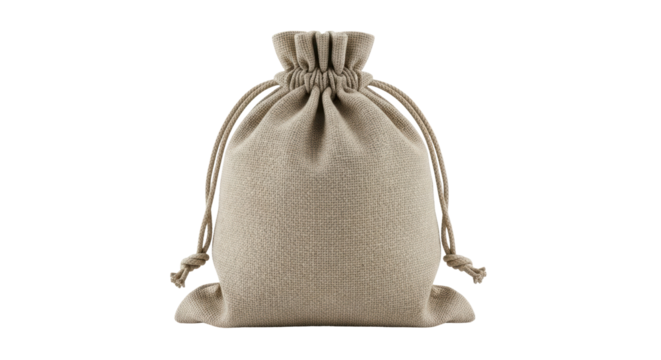 Beige burlap drawstring bag PNG isolated on transparent background, small sack for gift packaging and storage, rustic style