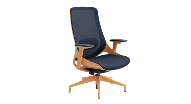 Ergonomic office chair PNG isolated on transparent background, modern wooden frame desk chair for home office and workplace comfort - Powered by Adobe