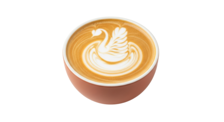 Latte art swan in a pink cup isolated PNG, coffee drink with beautiful design on transparent background for cafe menu
