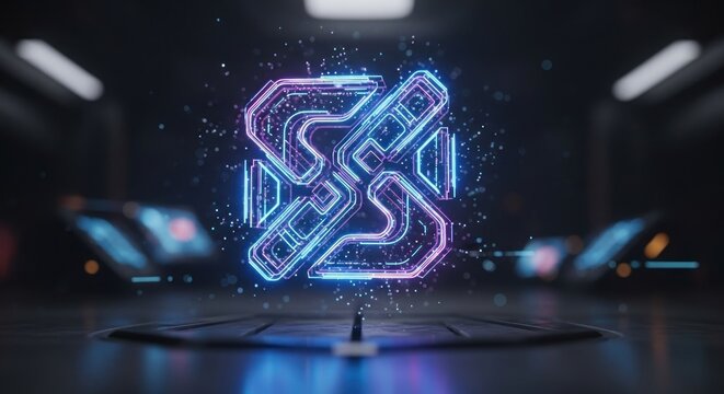 blue and purple neon line sign isolated on dark background