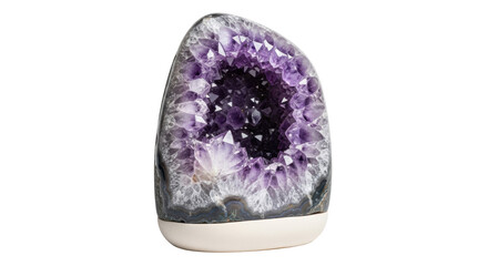 Amethyst geode isolated PNG, purple crystal cluster with natural stone formation for mineralogy and geological study on transparent background