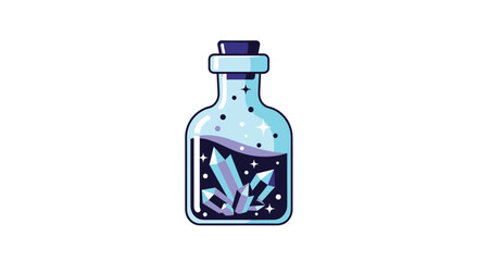 A magical potion bottle filled with sparkling purple liquid and mystical blue crystals, evoking fantasy and enchantment.