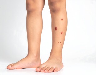 Close-up of legs showcasing skin with visible lesions against white backdrop