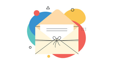 An open envelope with a letter inside and a bow sits in front of colorful abstract shapes.