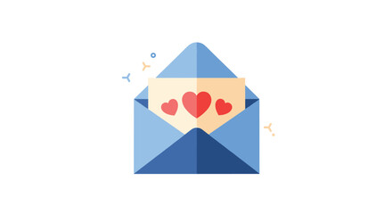 Flat design icon of a blue open envelope with a card inside featuring three red hearts.