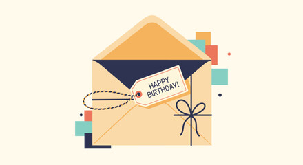 A festive illustration of a birthday card within an envelope with decorative elements and the words Happy Birthday written on a tag.