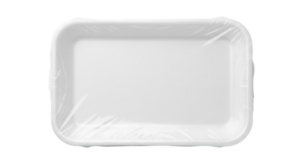 Empty white styrofoam food tray PNG isolated on transparent background, disposable container for packaging and storage