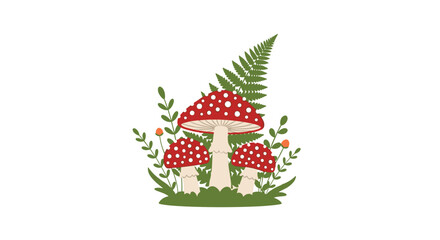 Illustration of fly agaric mushrooms surrounded by greenery, featuring a fern and small orange flowers, set against a clean white background.