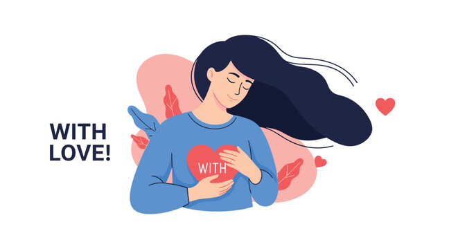 Woman embracing a heart with the word 'with', a love-themed illustration for various applications.