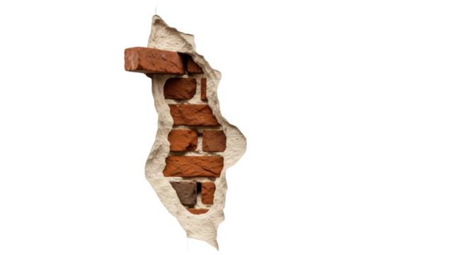 Damaged brick wall PNG isolated on transparent background, old construction with cracked plaster and exposed bricks, architecture element