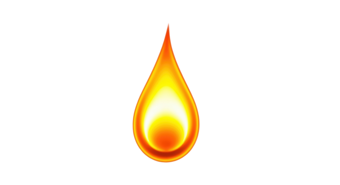 Vibrant orange flame PNG isolated on transparent background, fiery drop shape for graphic design and creative projects