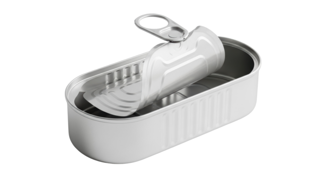 Open sardine can PNG isolated on transparent background, canned fish container for food industry and product design