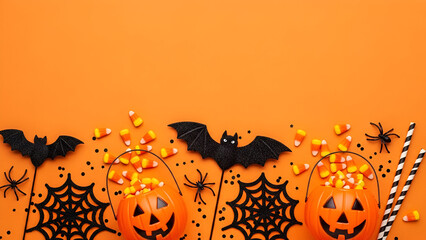 Halloween Decorations with Candy Corn and Bats bucket
