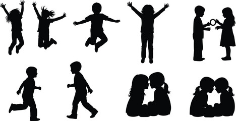 Black Silhouette Vector Set of Happy Kids Jumping, Running, and Sharing Secrets, Illustrating Childhood Energy, Friendship, Excitement, and Positive Interaction, Isolated Graphic