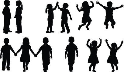 Black Silhouette Vector Set of Happy Children Playing, Jumping, Holding Hands, and Interacting, Representing Childhood Joy, Friendship, and Active Learning