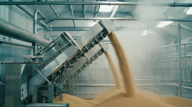 Compact stainless grain mill grinds wheat into fine flour-like grist in a minimal industrial hall. The environment features pipes and vents with soft overhead lighting, enhancing the setting