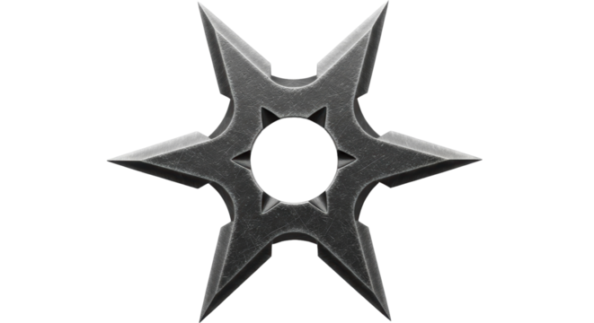 Six-pointed shuriken throwing star isolated PNG, ninja weapon for martial arts and combat sports on transparent background