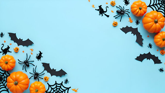 Halloween Decorations With Pumpkins And Spiders On Blue Background