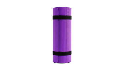 Rolled purple yoga mat secured with black straps perfect for fitness exercise and meditation sessions at home or in the studio on transparent background