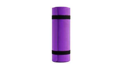 Rolled purple yoga mat secured with black straps perfect for fitness exercise and meditation sessions at home or in the studio on transparent background