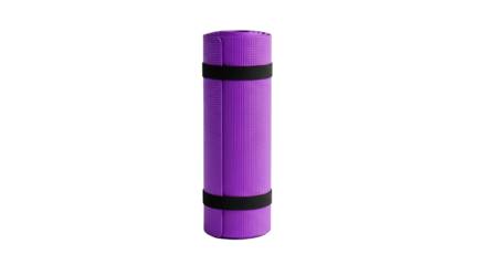 Rolled purple yoga mat secured with black straps perfect for fitness enthusiasts and home workouts promoting wellness and flexibility on transparent background