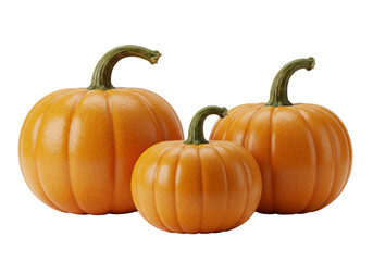 Obraz premium Three vibrant orange pumpkins, large, medium, and small, showcasing ribbed textures and green-brown stems, isolated on a transparent background with copy space, autumn harvest season concept