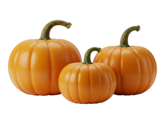 Three vibrant orange pumpkins, large, medium, and small, showcasing ribbed textures and green-brown stems, isolated on a transparent background with copy space, autumn harvest season concept