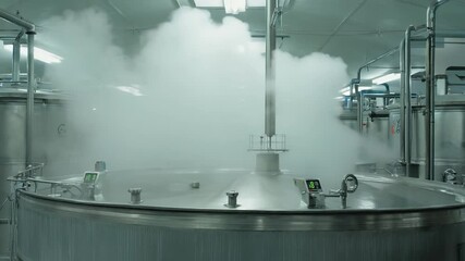 Steam rises from a large insulated mash vessel as the temperature climbs, creating bubbles in a clean distillery room filled with silver tanks and pressure gauges